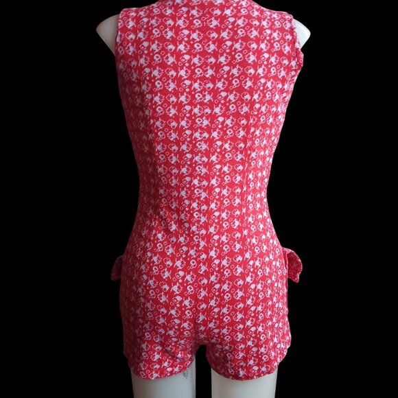 Vintage 6/8 Women's Romper 1of1 Red Sleeveless Fish Print 1970's Front Zipper - Picture 7 of 12